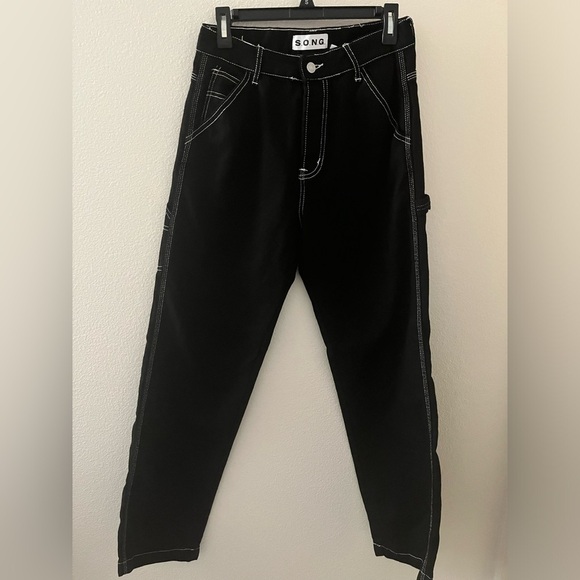 S.O.N.G. 100% Cotton Black Carpenter Style Pant With White Stitching Size 7 EUC - Picture 1 of 11
